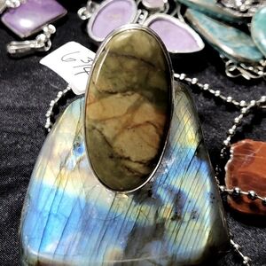 Elegant Silver And Multicolor Picture Jasper Cabochon-Cut Pendant.